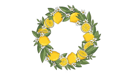 Vibrant Lemon and Green Leaf Wreath with White Flowers Illustration
