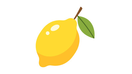 Bright Yellow Lemon Fruit Illustration with Green Leaf and Stem. Fresh Citrus Graphic Element, Flat Design on White.