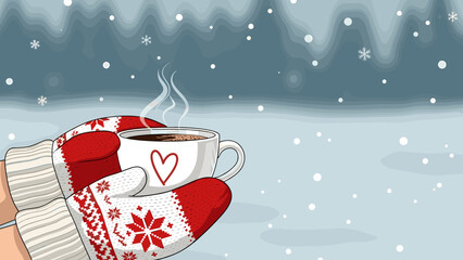 Cozy winter scene: Hands in mittens holding a steaming mug with a heart, falling snow background illustration