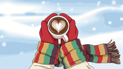 Cozy Winter Coffee: Mittened Hands Holding Heart Latte in Snowy Scene with Striped Scarf