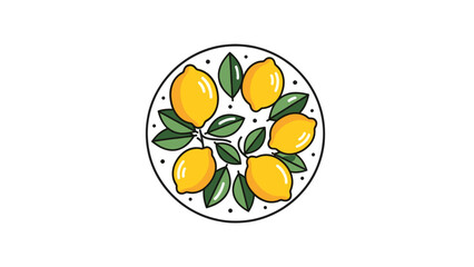 Vibrant yellow lemons and green leaves arranged in a fresh circular design. Simple citrus fruit illustration.