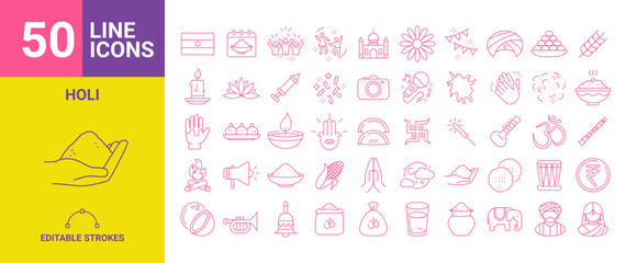 Holi festival line icons set