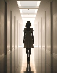 Woman in White Dress Standing in a Bright Hallway.