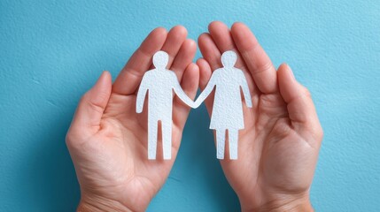 Two hands hold up paper cutouts of a man and a woman symbolizing unity and connection. The background is a solid blue enhancing the focus on the figures.