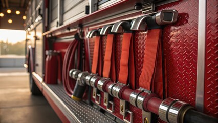 Fire truck equipment showcasing hoses and tools, highlighting readiness and emergency response.