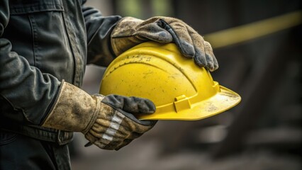 Worker holding a dirty yellow hard hat while wearing gloves, symbolizing safety and construction in an industrial setting.