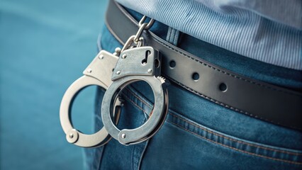 Close-up of handcuffs attached to a belt, symbolizing law enforcement or detention.