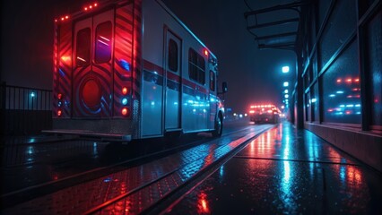 A fire truck parked on a wet street at night, illuminated by colorful lights, reflects a vibrant yet moody urban atmosphere.