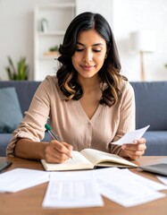 Woman managing finances and writing in a notebook at home.