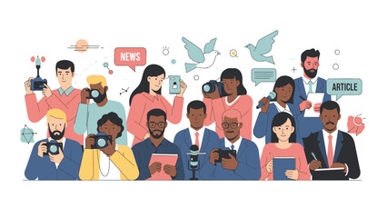 Diverse group of journalists and photographers covering an event.