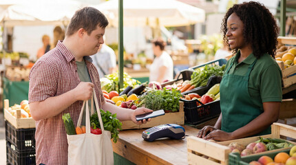 Young man with down syndrome making a contactless payment with his mobile phone for fresh groceries at a farmers market