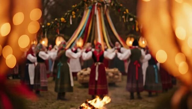 Traditional Folk Dance Around a Maypole with Bonfire at Night.