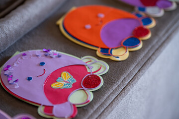 Colorful decoration display on a soft surface showcasing playful designs for children's celebration