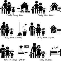 Collection of Family Stick Figure Icons for Moving House, Cleaning, Repairing, and Cooking