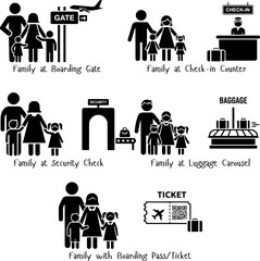 Family Airport Travel Icons Set, Departure and Arrival Journey Concept Illustration