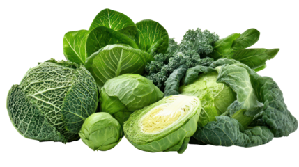 Assortment of leafy winter vegetables including spinach kale and Swiss chard isolated on transparent background