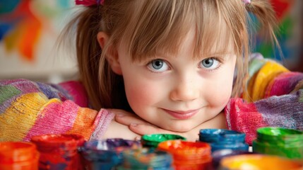 A cheerful child with bright eyes gazes at colorful paint pots, showcasing creativity and joy in artistic expression.