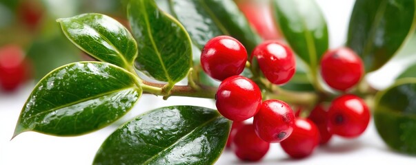 A close-up of vibrant red berries on a holly plant, surrounded by glossy green leaves, showcasing the beauty of nature.