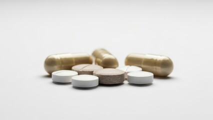 Close-up of Various Medical Capsules and White Tablets Isolated on White Background