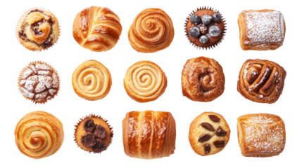 Assortment of winter bakery foods including croissants muffins and pastries isolated on transparent background