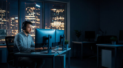 Night shift developer coding at monitors. Focused developer works late in modern office with city lights, cybersecurity tasks, for cybermonday, blackfriday, yearend release, tech concept