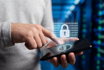Man using smartphone for secure login with padlock hologram in data center environment