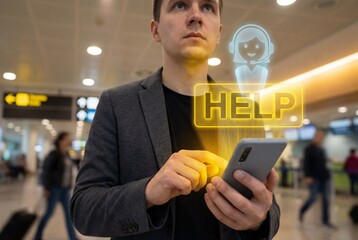 Man using smartphone with holographic help button and customer support interface