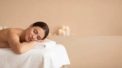 Relaxed woman enjoys spa massage session. Massage vibe with candles, soft light, copy space for valentines day gift card, mothers day wellness promo, calm spa massage concept, luxury care