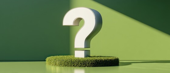 A large white question mark stands on a grassy platform against a vibrant green backdrop, symbolizing curiosity and inquiry.