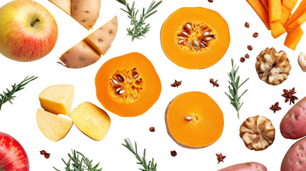 Assortment of winter comfort foods including pumpkin slices seasonal vegetables and hearty ingredients isolated on transparent background