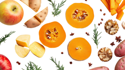 Assortment of winter comfort foods including pumpkin slices seasonal vegetables and hearty ingredients isolated on transparent background