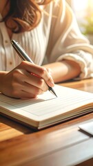 Woman writing in a journal with natural light, focus on hand and pen.
