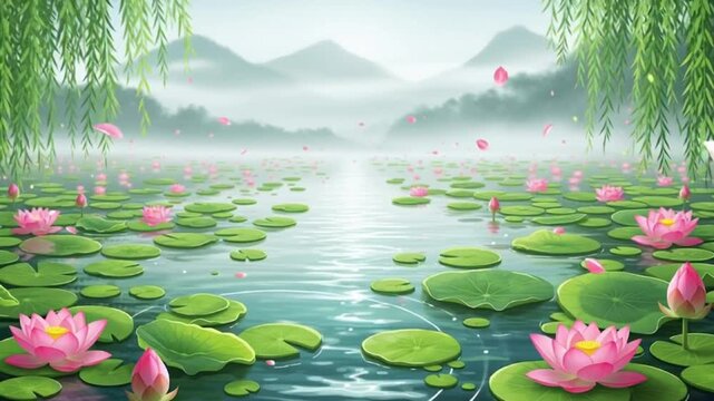 Serene lake scene with lotus flowers and weeping willows in misty mountains