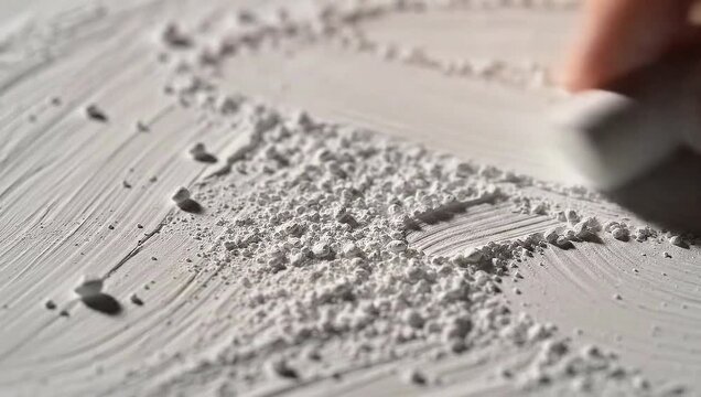 A close-up shot of a hand using an eraser to clean a surface covered in white powder, creating a textured effect.