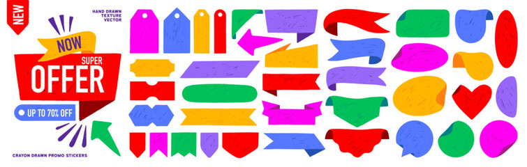 Crayon drawn y2k promo tags, adhesive stickers and price labels for sale design. Funky geometric promo stickers, flags, and tags. Promotional emblem and discount for shops collection.