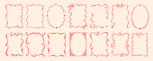 Bachelorette whimsical vintage frames with bows and ribbons. Crayon drawn coquette borders for wedding invitations and party decor. Doodle romantic birthday frames with pencil cute texture.