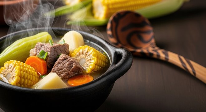 Hearty Steaming Costa Rican Olla de Carne Beef Soup in Black Clay Pot with Negative Space and Coffee Wood Ladle