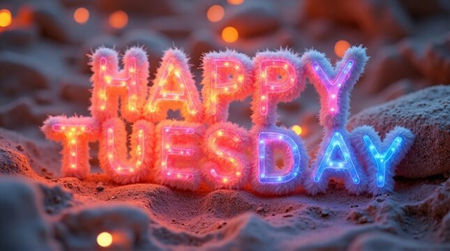 Happy Tuesday Glowing Neon Typography on Sandy Beach Background