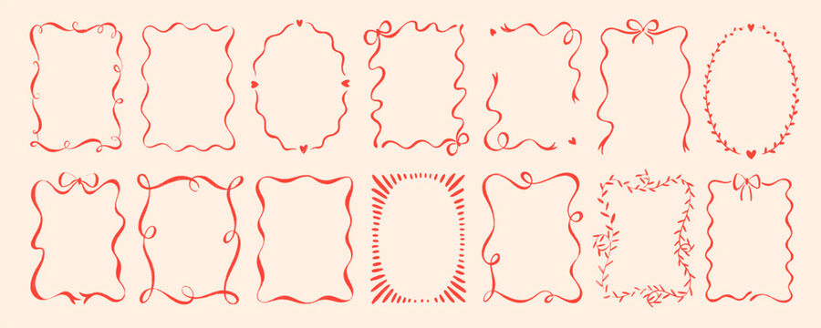 Bachelorette whimsical vintage frames with bows and ribbons. Crayon drawn coquette borders for wedding invitations and party decor. Doodle romantic birthday frames with pencil cute texture.