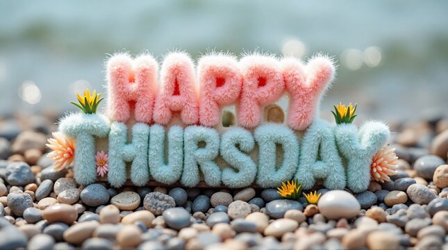Happy Thursday Moss Typography on Pebble Beach with Small Flowers Illustration