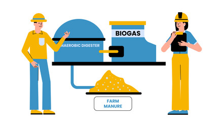 Flat vector illustration showing anaerobic digestion converting farm manure into renewable biogas energy