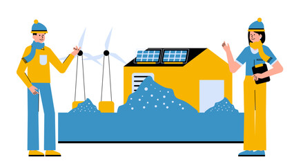 Flat vector illustration of a remote Arctic community powered by hybrid renewable energy systems