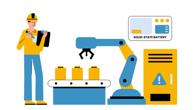 Flat vector illustration of solid-state battery manufacturing for grid-scale energy storage solutions