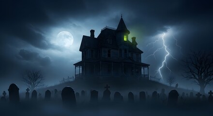 A spooky haunted house on a hill with a lit window, surrounded by a cemetery under a stormy night sky with lightning and a full moon.