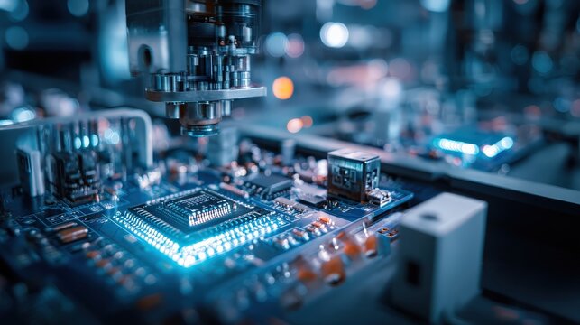 A close-up of a circuit board being assembled, showcasing intricate components and glowing elements, highlighting advanced technology in electronics manufacturing.