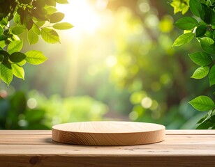 Wooden Display Platform in Lush Green Forest with Sunlight.