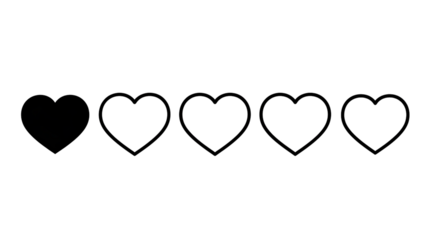 Set of five heart shapes in black and white for love and design projects isolated on transparent background