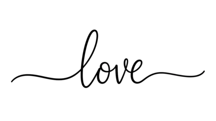 Black love word in cursive font with wavy lines on transparent background