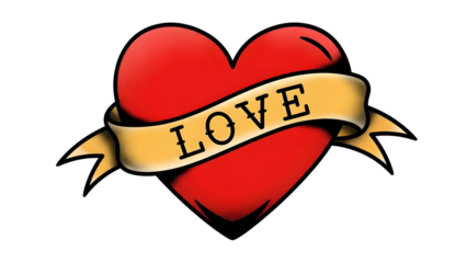 Red heart with yellow banner and love text on transparent background
