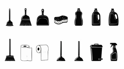 Collection of cleaning supplies and tools for household chores.